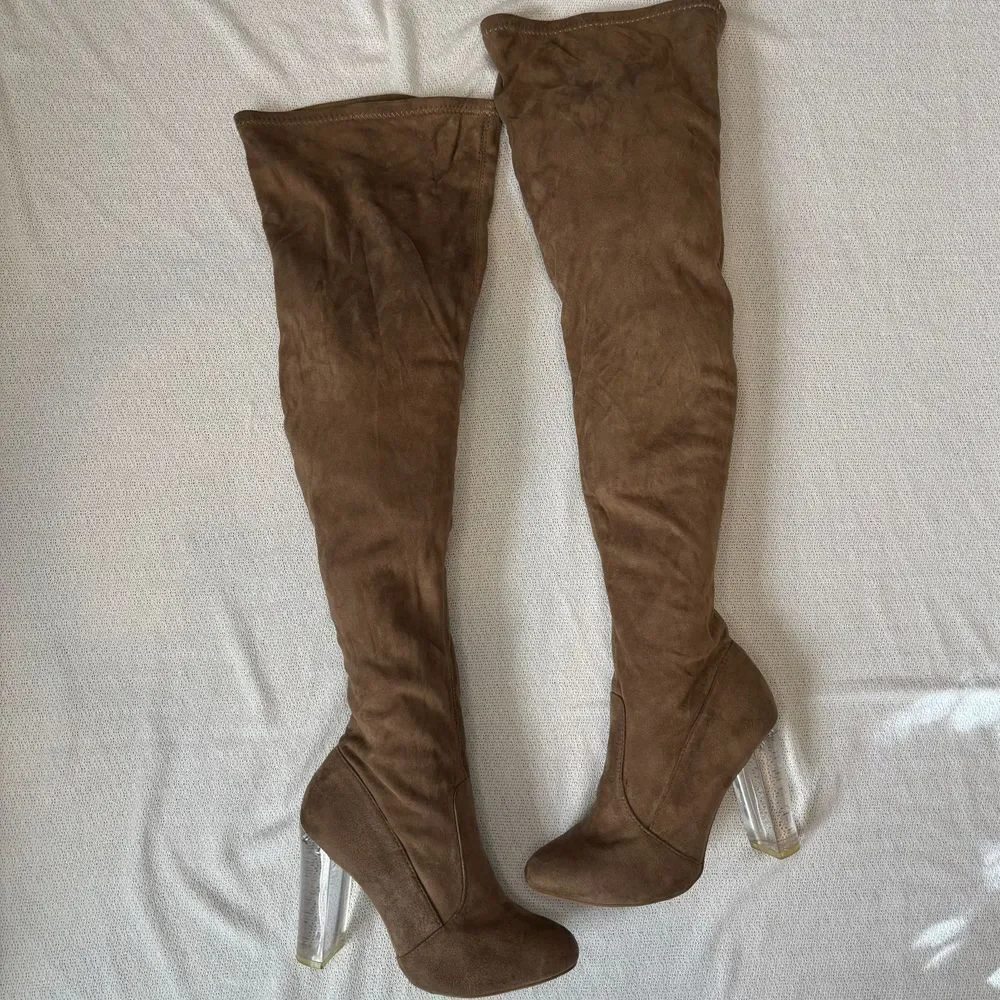 Wild Diva Lounge Over the Knee High Clear Lucite Heel Sexy Boots Women's 7 Brown - Picture 4 of 10
